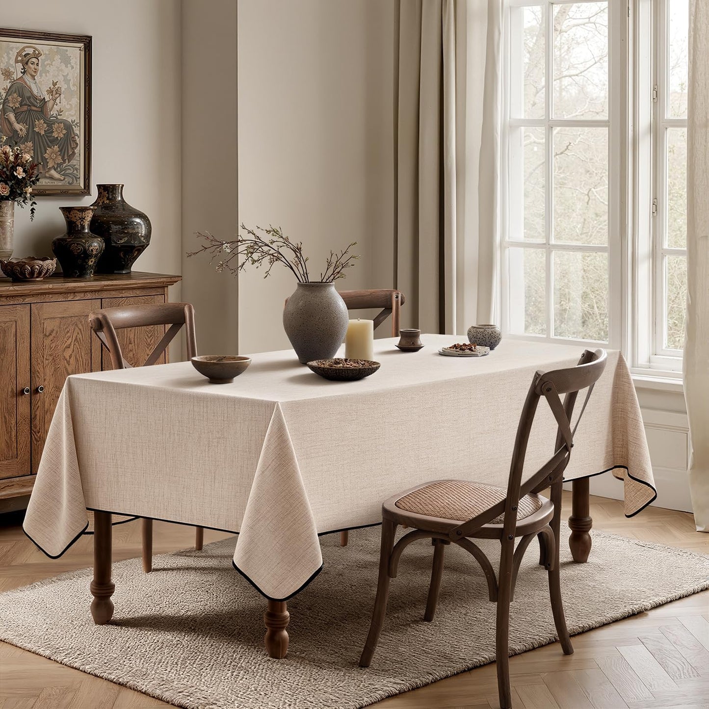MIULEE Ivory-Black Linen Tablecloth 60x104 Inch Rectangle Table Cloth Waterproof,Stain Resistant & Wrinkle Resistant for Dining Party Wedding