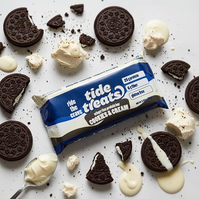 25g Protein Bar Crispy Rice Treat Cookies & Cream | Clean Ingredients, No Added Sugar, 7g Fiber, Gluten Free | High Protein Snack for On-the-Go, Post-Workout or Dessert Cravings | 8 Count | Tidetreats