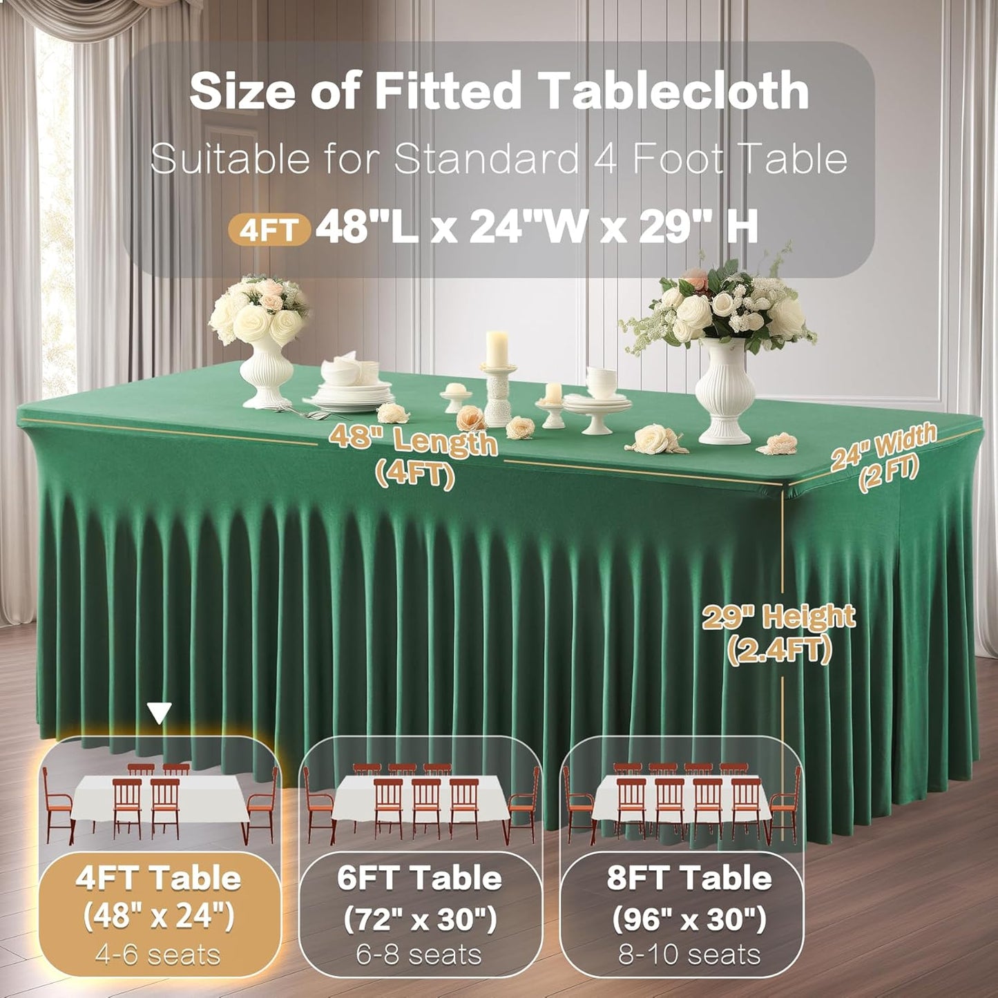 2 Packs Green Spandex Table Clothes for 6 Foot Rectangle Table, Spandex Table Covers 6FT Stretch Table Skirts Rectangle Tables Wrinkle Free Fitted Table Cover for Christmas, Wedding, Banquet & Parties