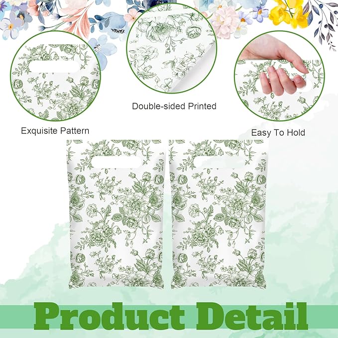 Supervitae 100 Pcs Plastic Green Gift Bags Flower Party Favor Bags Bulk with Handles for Birthdays Weddings Bridal Baby Showers Snacks Goodie Candy Treat Tea Party Supplies
