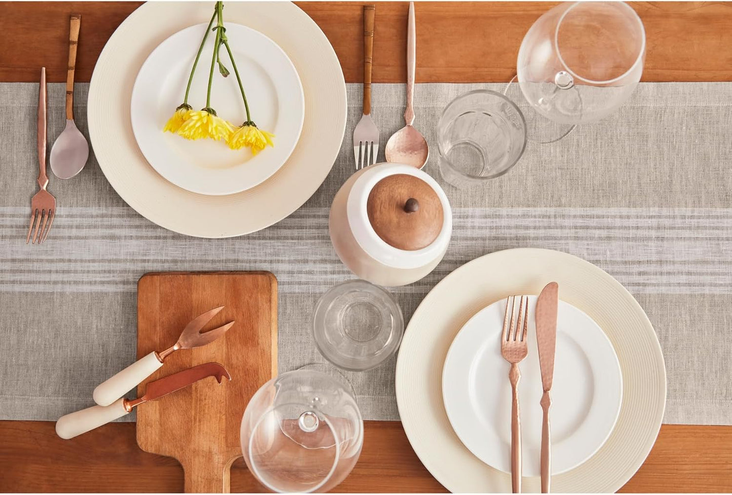 Solino Home Linen Striped Table Runner 90 Inches Long - Farmhouse 100% Pure Linen White and Natural Dining Table Runner 14 x 90 Inch for Fall, Autumn, Thanksgiving, Christmas