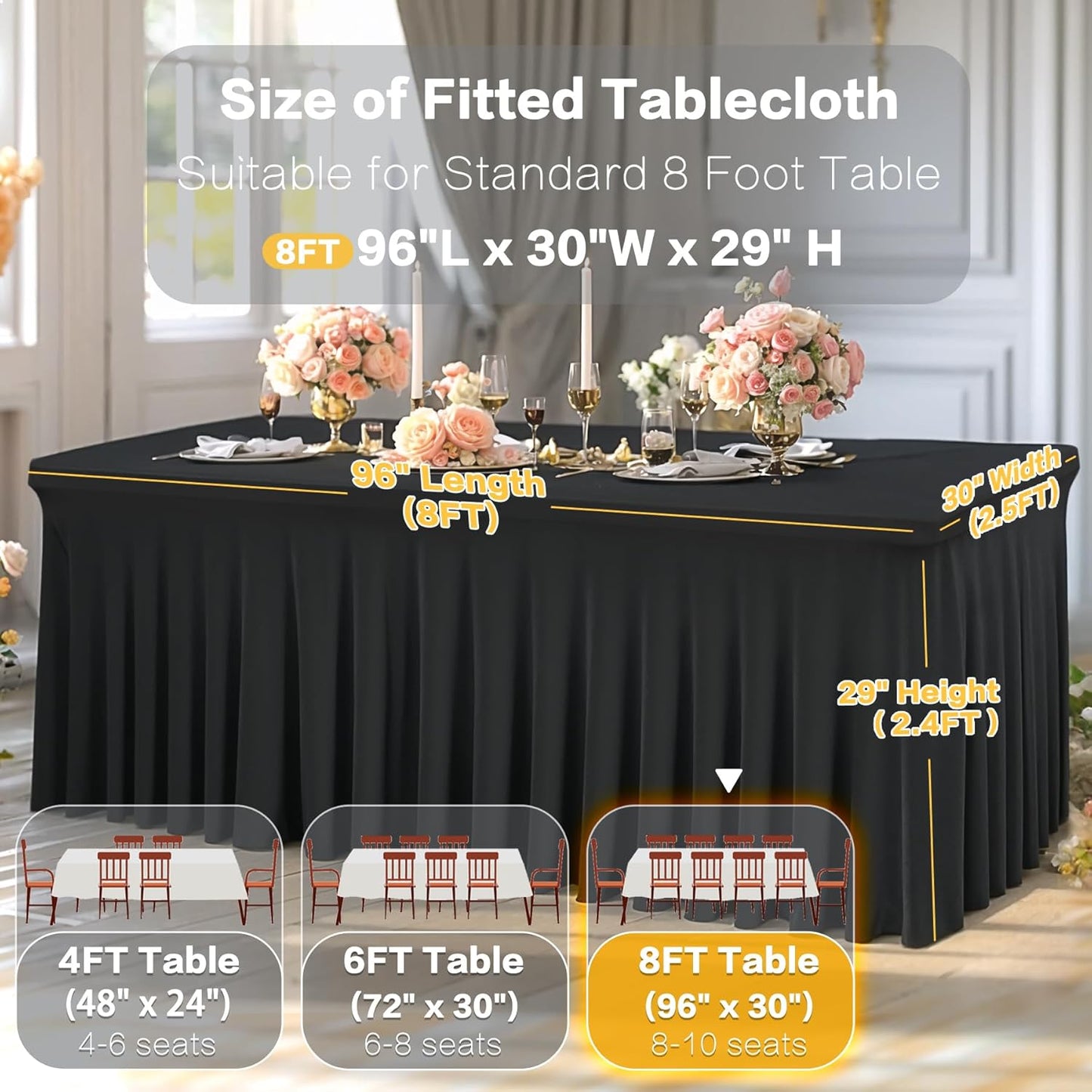 2 Packs Black Spandex Tableclothes for 8 Foot Rectangle Table, Spandex Table Covers 8FT Stretch Table Skirts Wrinkle Free Fitted Table Cover for Event, Wedding, Banquet & Parties