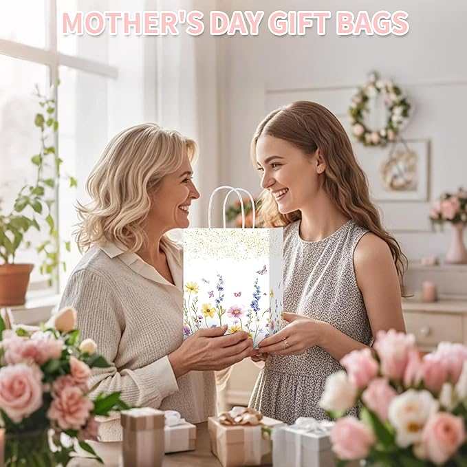 W WINTMING 16 Pcs Wildflower Gift Bags Spring Flower Welcome Bags White Paper Bag with Handle Floral Party Favor Candy Goodie Bag for Baby Shower Wedding Bridal (Wildflower-2, 16)
