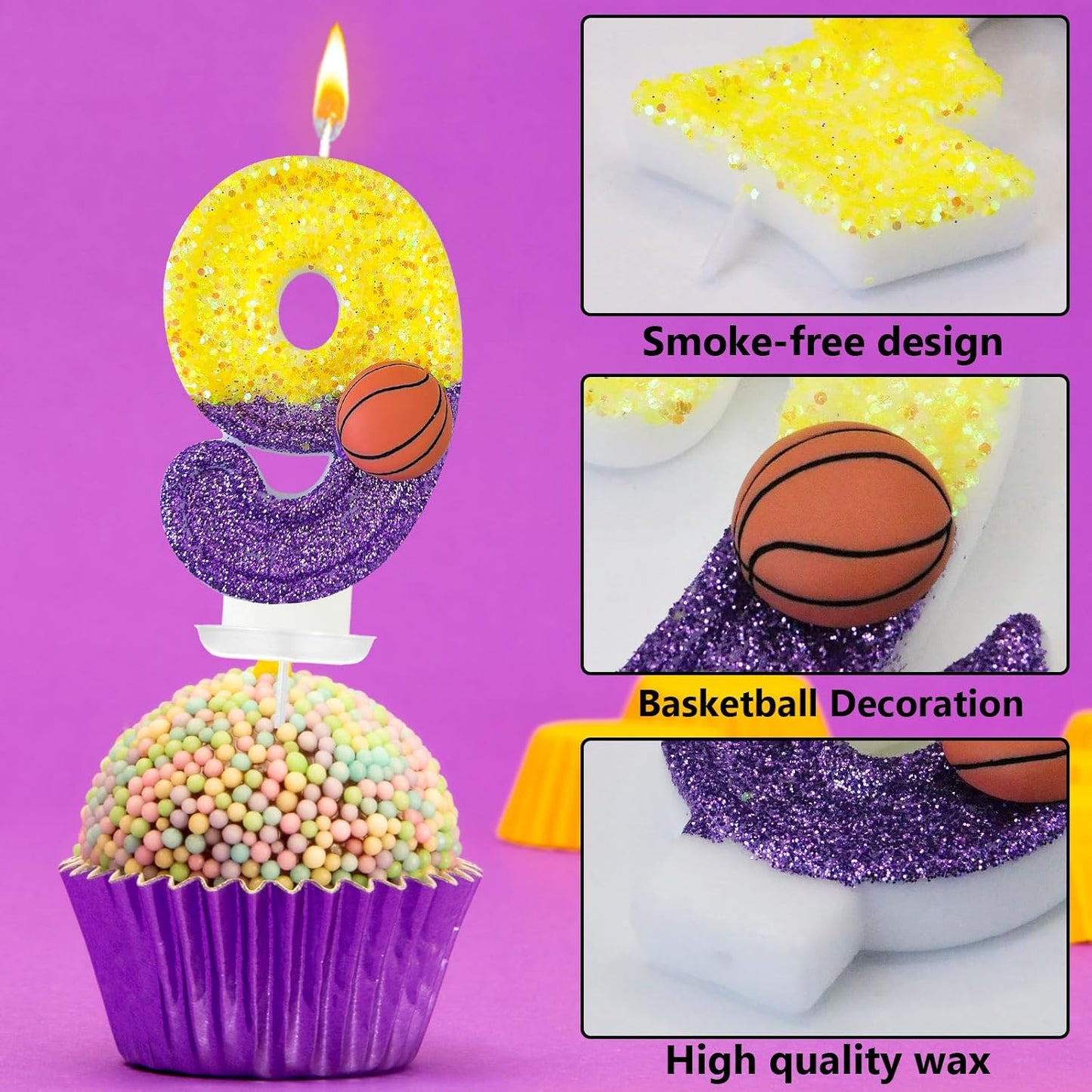 HXOUSE Basketball Number 9 Birthday Candles - Purple Gold Birthday Candles for Cake, 9 Candle for Basketball Theme Cake Topper, Boys Sport Party Decorations Gifts (No.9)