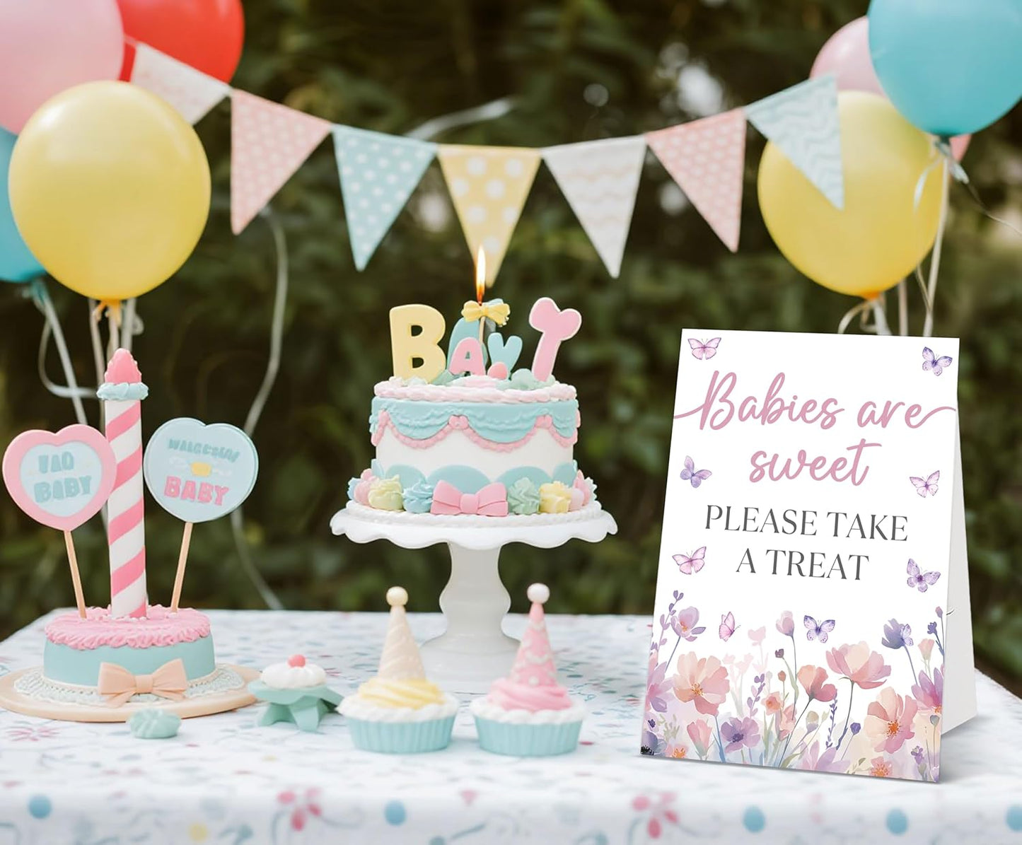 Butterfly Baby Shower Tabletop Sign, Babies Are Sweet Please Take a Treat, Include One 8×11 Sign with holder, Purple Butterfly Gender Reveal Party Decoration Supplies - FL29