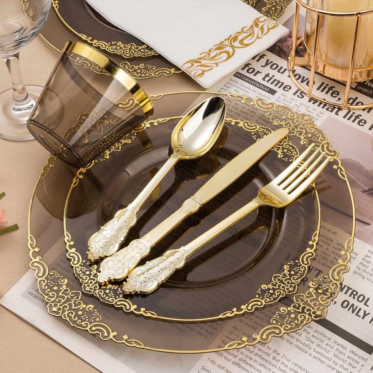 350PCS Clear Black Plastic Plates for 50 Guests, Disposable Plates with Gold Trim include 50 Dinner and Dessert Plates, 150 Gold Silverware, 50 Cups, 50 Napkins for Party & Graduation