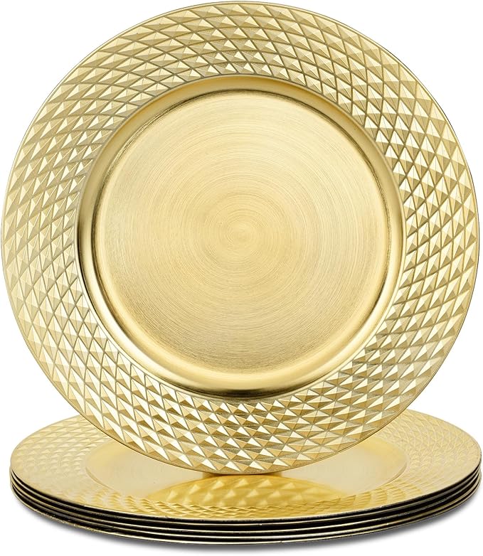 13" Gold Metallic Foil Charger Plates, Round Plastic Server Ware Chargers for Dinner Plates, Decorative Table Setting Bulk Event, Party, Wedding, 6 Pack