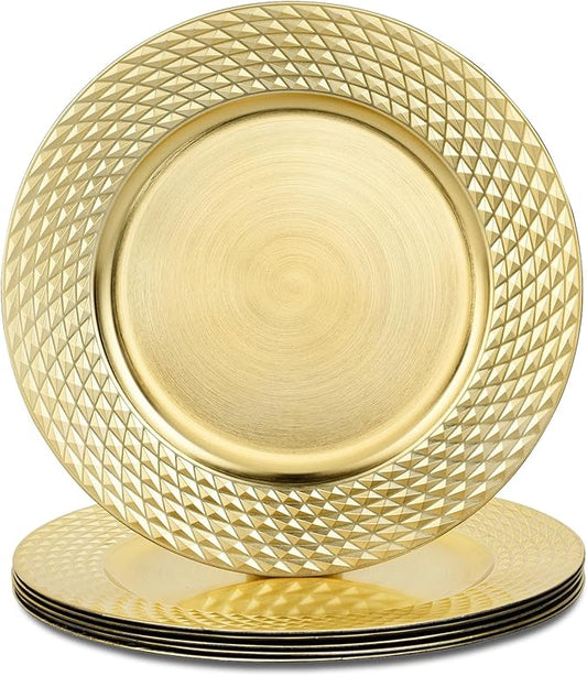13" Gold Metallic Foil Charger Plates, Round Plastic Server Ware Chargers for Dinner Plates, Decorative Table Setting Bulk Event, Party, Wedding, 6 Pack