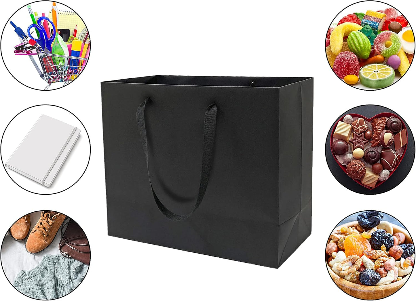 HUAPRINT Black Paper Bags - Gift & Shopping Bags with Ribbon Handles, 30 Packs, 13x5x10Inch, Retail & Party Favor Bags, Merchandise & Wedding Bags