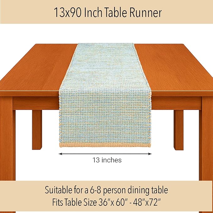 Chardin home Natural Jute Table Runner 13x90 Inch – Vintage Boho Rustic Table Decor – Handwoven Table Runner in Natural Jute and Sky Blue-White – Farmhouse Dining or Console Table Accent