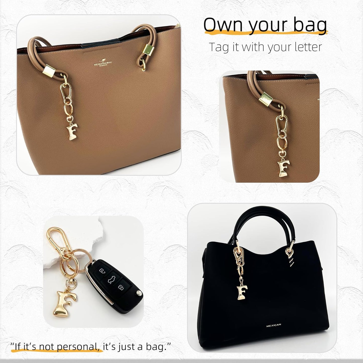 Gold Bubble Heart Initial Bag Charms for Handbags – Cute Initial Letter Keychain for Women, Purse Charms, Gold Gift