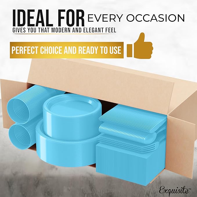 350 Pcs Light Blue Plastic Plates For Party, Light Blue Disposable Plates Set, 50 Of Each 9" Dinner Plate Set, 7" Dessert Plate, Cups, Napkins & Cutlery Plastic Dinnerware Exquisite