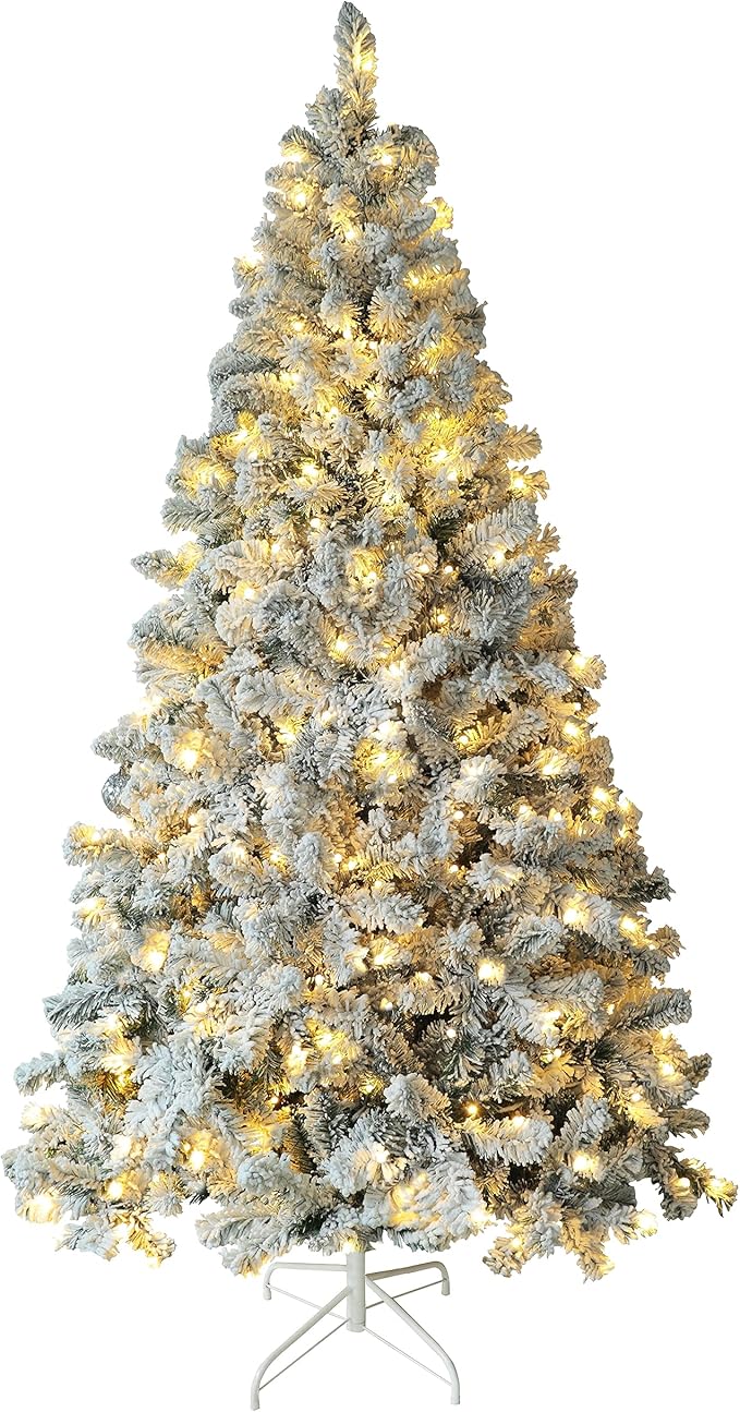 MUPATER 6ft Snow Flocked Christmas Tree Pre-lit, Christmas Flocked Tree with Warm Lights, Artificial Holiday Christmas Tree with Stand for Home, Party