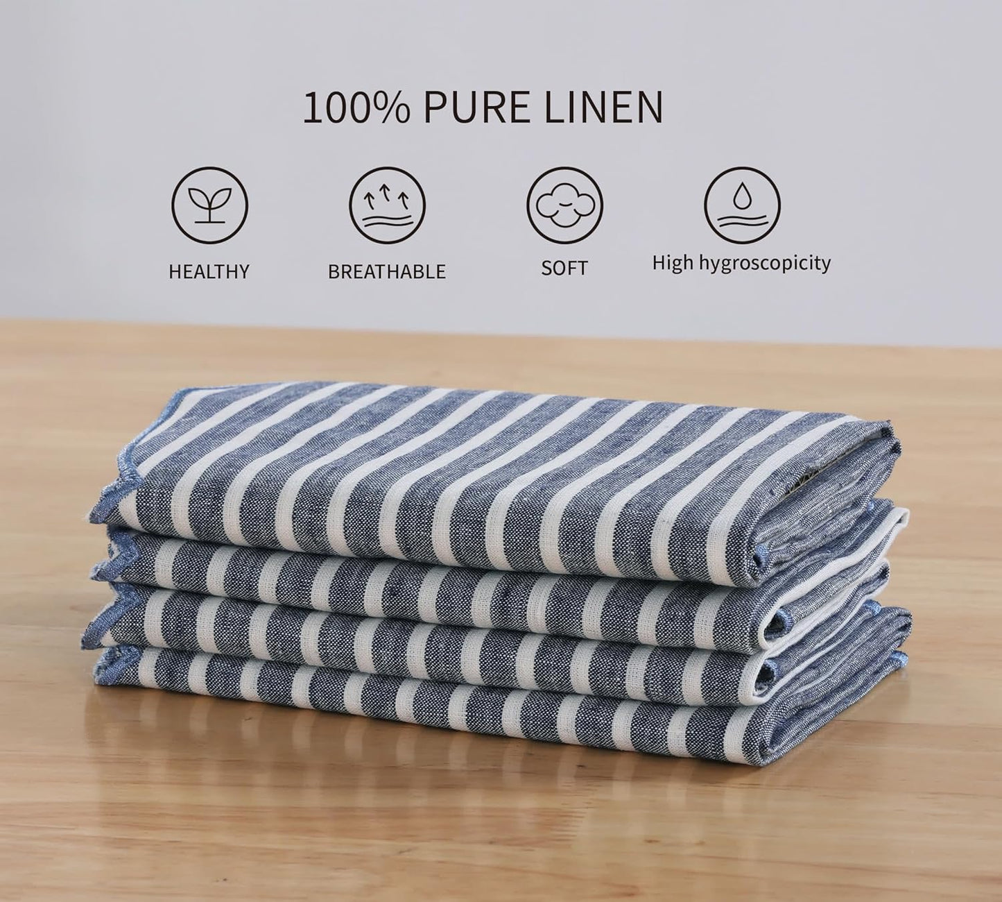 100% French Flax Linen Cloth Napkins Scalloped Embroidery 20’’x20’’ for Dinners, Parties, Weddings, Decorative Halloween, Spring, Easter, Set of 4 Pcs, Blue Pinstripe(Edges-Blue)