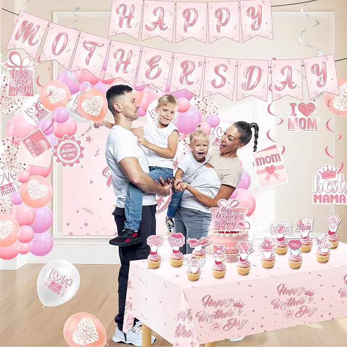 82Pcs Mother's Day Decorations - Rose Gold & Pink Party Supplies Kit, Includes Happy Mothers Day Banner, 59x39" Photo Backdrop, Tablecloth, Balloon Arch Garland & Cake Toppers for Mom Brunch Decor