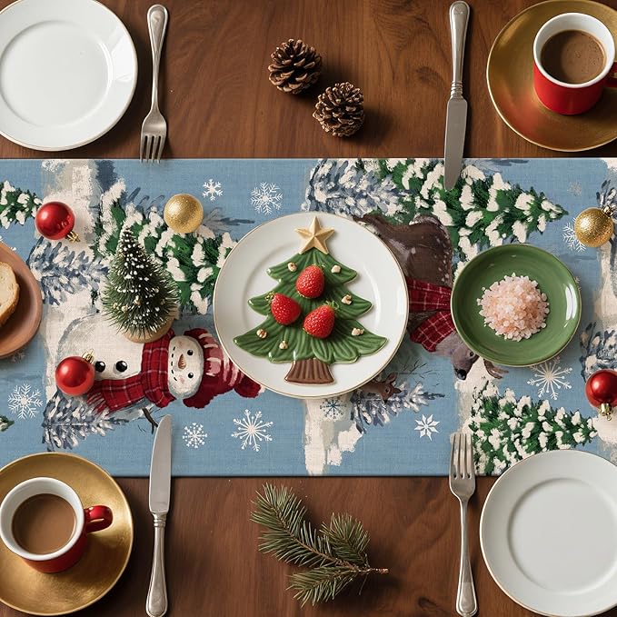 Artscope Reindeer Snowman Christmas Tree Table Runner, Xmas Winter Snowflakes Holiday Kitchen Dining Table Decoration for Christmas Home Party Decor 13x60 Inch-Light Blue