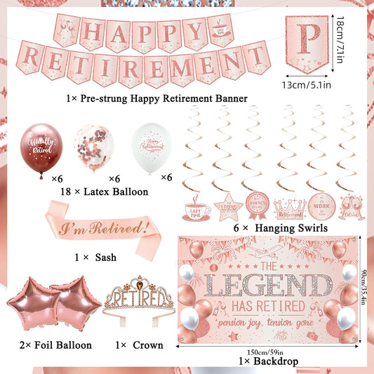 Roetyce Retirement Party Decorations Women, Rose Gold Happy Retirement Banner Backdrop Balloons Hanging Swirls for Coworker Family, Pink Lengend Has Retired Sash & Crown, Office Retired Background