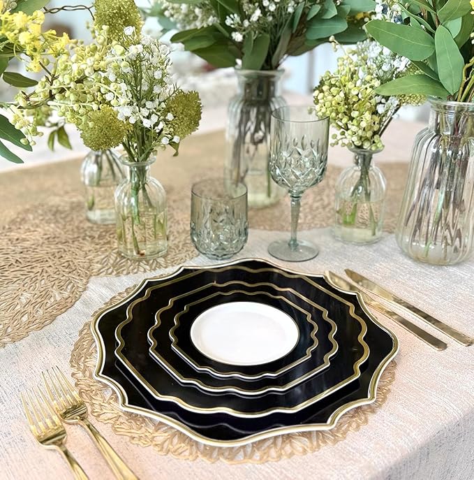 " OCCASIONS " 10 Pieces 13.25'' Scalloped Disposable/Reusable Plastic Charger Plates for Wedding, (Scalloped Imperial Black & Gold)