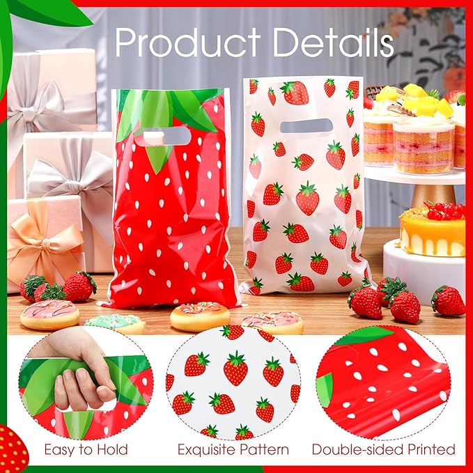 Frienda 100 Pcs Strawberry Party Favors Bags Strawberry Candy Gift Bags with Handles 9.84''x 6.5'' Red Berry Plastic Goodies Treat bag for Baby Shower Summer Berry Theme Parties Decor Supplies