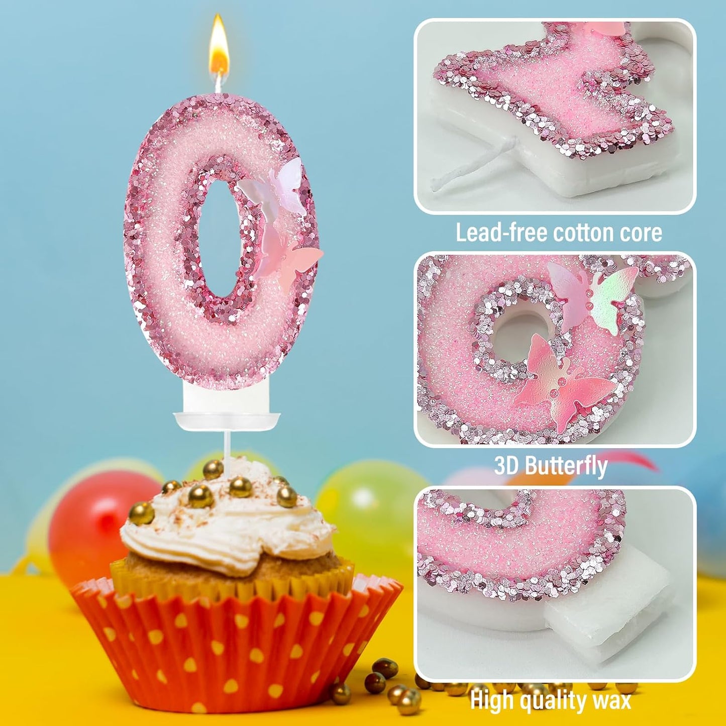 Birthday Candles，Glitter Butterfly Cake Toppers Pink Sequins Wedding Numeral Cupcake Decorations，Suitable for Girl and boy Wedding Cakes, Party Celebrations, Birthday Decorations (Number 0)