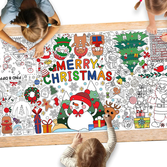 Gatherfun Merry Christmas Decorations - Versatile 31.5 x 72 Inches Activity Poster, Christmas Party Coloring Banner/Santa & Snowman Table Cover for School Parties and Special Events