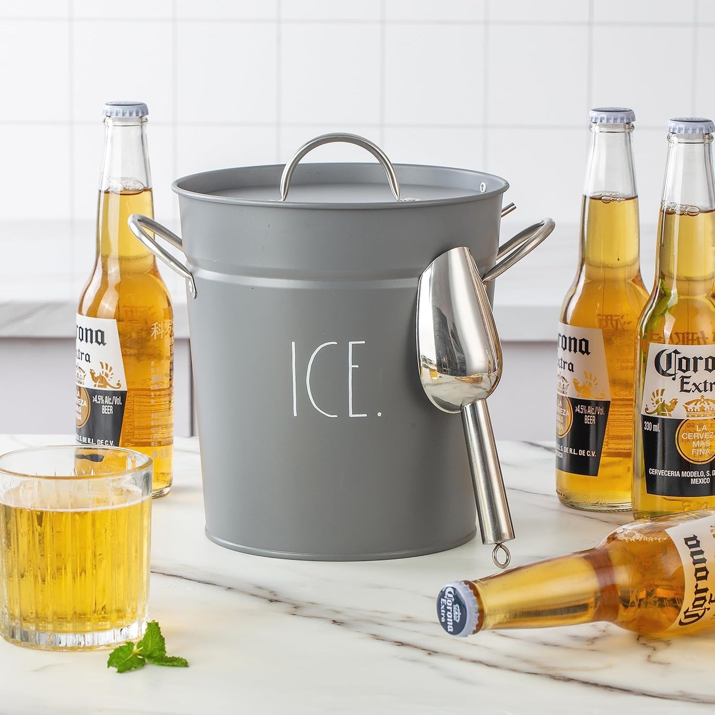 Rae Dunn Ice Bucket with Scoop - Stainless Steel Bucket with Handle, Lid and Ice Scooper - 4 Qt. Storage Bin for Ice Cubes for Bars, Parties, Backyard Barbeques, Picnics, and Camping (Grey)