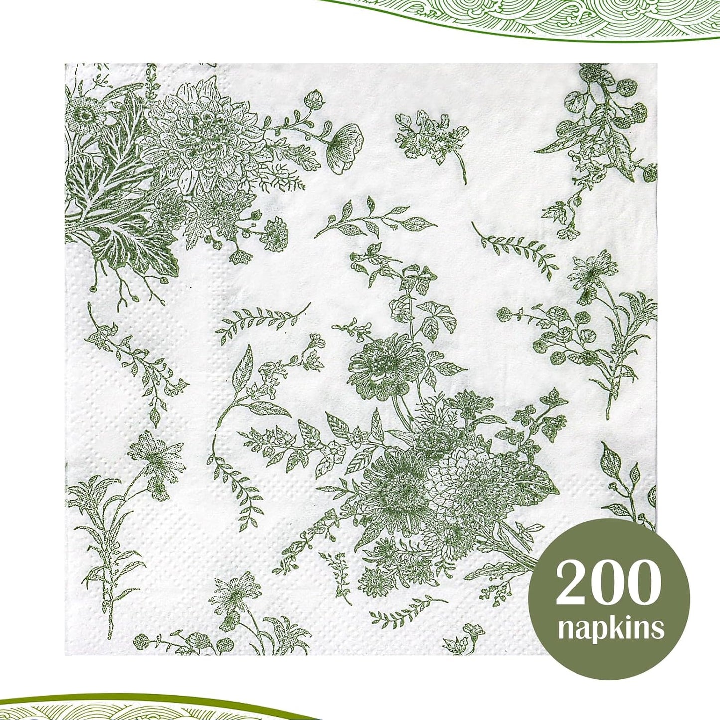 200Pack Sage Green Floral Cocktail Napkins Disposable Wedding Paper Napkin Decorative Green & White Hydrangea Flower Guest Hand Towel Fancy Dinner Napkin for Bridal Baby Shower Birthday Party Supplies