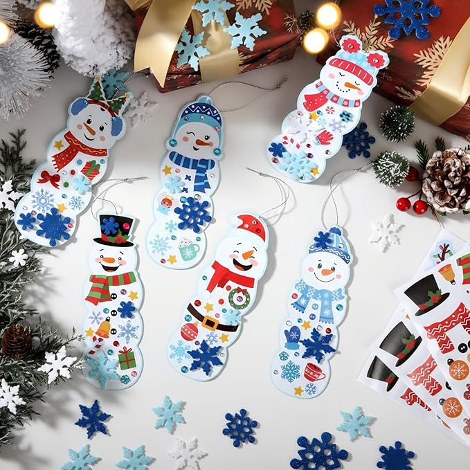 Frienda 48 Set Christmas Snowman Craft Kit DIY Christmas Snowman Bookmarks Ornaments Art Sets Winter Xmas Foam Stickers and Crafts for Xmas Tree Decoration