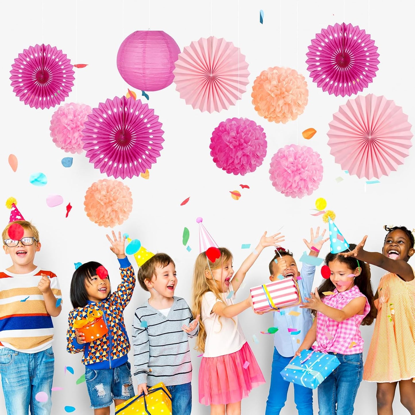 SUNBEAUTY Hot Pink Birthday Party Decorations for Girls Women with Happy Birthday Banner Hot Pink Paper Fans Tissue Pom Poms Lantern Decorations Birthday Decorations Kit
