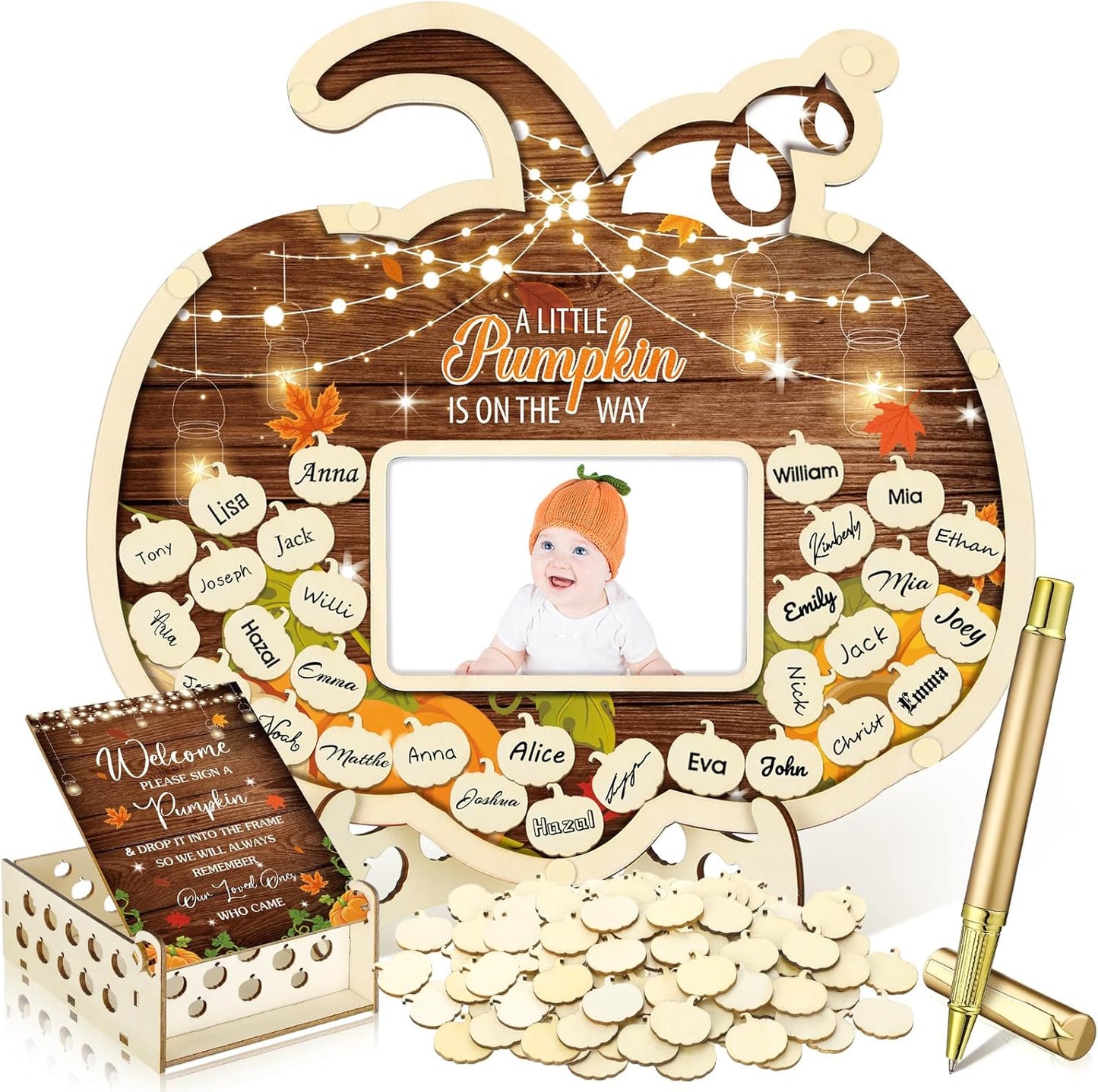Wenqik 63 Pcs Rustic Little Pumpkin Baby Shower Guest Book Alternatives Set Baby Shower Decorations with Photo Frame Sonogram Frame Keepsake 60 Wood Slices Guest Book for Birthday