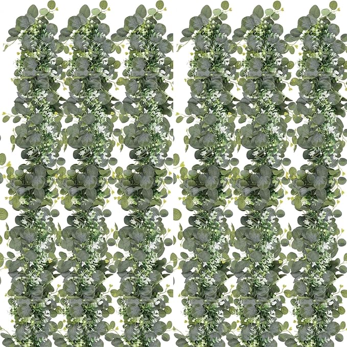 N&T NIETING 6 Pack Artificial Eucalyptus Leaf Garland, Faux Greenery Garland Decor 6 FT Summer Garland, Fake Hanging Vines Garlands for Wedding Decoration Table Mantle
