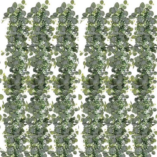 N&T NIETING 6 Pack Artificial Eucalyptus Leaf Garland, Faux Greenery Garland Decor 6 FT Summer Garland, Fake Hanging Vines Garlands for Wedding Decoration Table Mantle