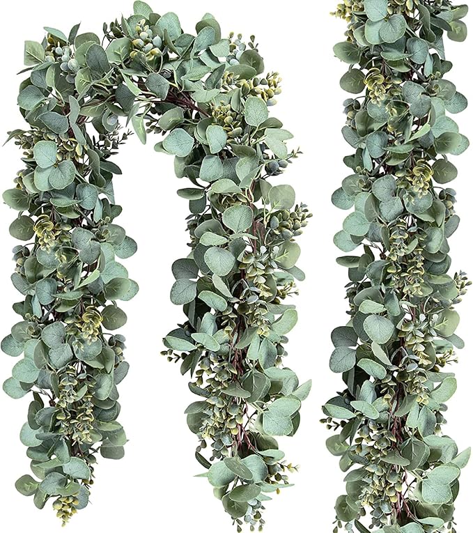 Ouddy Decor 2 Pack Eucalyptus Garland Total 13.1 Ft Lush Silver Dollar Leaves Boxwood Artificial Faux Greenery Vines for Baby Shower Wedding Party Table Runner Room Home Mantle Decor