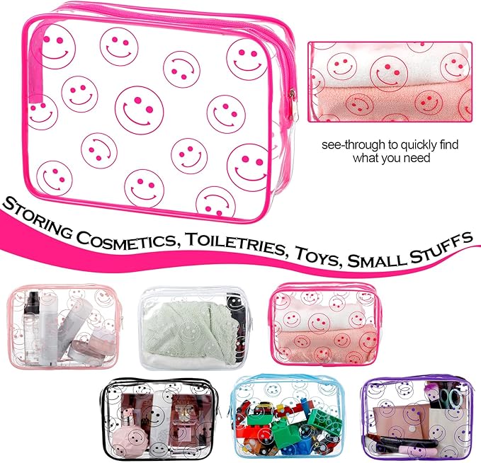 Cunno 6 Pcs Makeup Bags Gifts for Women Preppy Boho Smile Face Flamingo Clear Makeup Bags Cosmetic Transparent PVC Travel Toiletry Organizer for Birthday Party Favor(Smile Style)