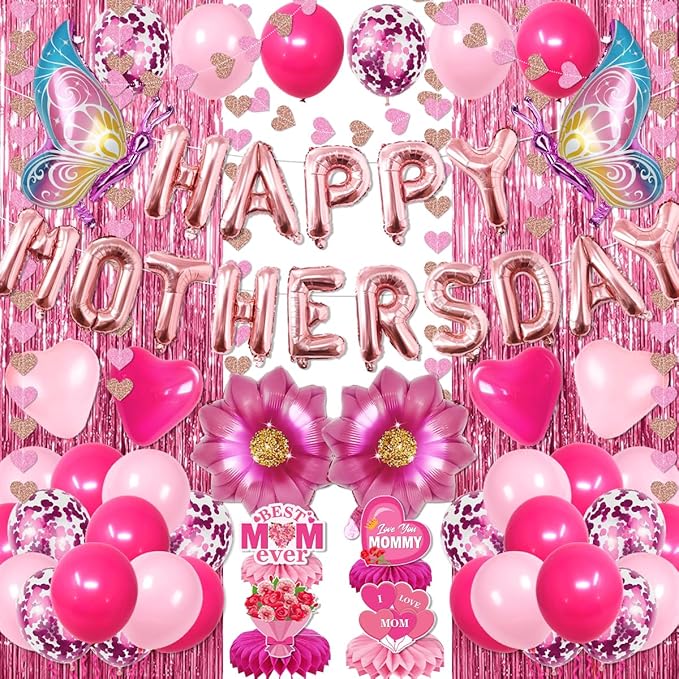 Mothers Day Decorations,63PCS Happy Mothers Day Balloons and Flower Heart Balloons,Fringe Curtains,Best Mom Ever Honeycomb Centerpieces for Girls Women Mom Party Supplies Celebrating Ladies Decor