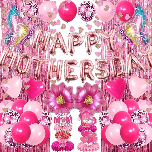 Mothers Day Decorations,63PCS Happy Mothers Day Balloons and Flower Heart Balloons,Fringe Curtains,Best Mom Ever Honeycomb Centerpieces for Girls Women Mom Party Supplies Celebrating Ladies Decor