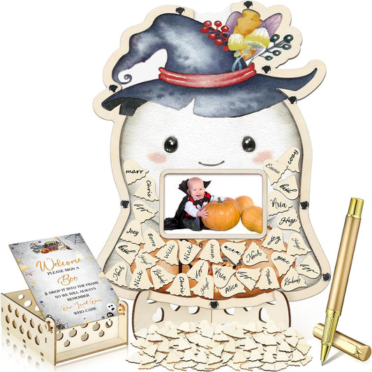 Wenqik 63 Pcs Halloween Little Boo Baby Shower Guest Book Alternatives Set Baby Shower Decorations with Photo Frame Sonogram Frame Keepsake 60 Wood Slices Guest Book for Birthday