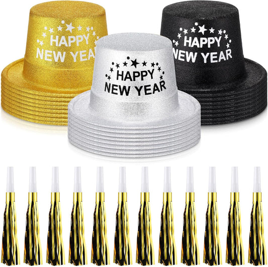 Poen 48 Pcs New Years 2026 Eve Party Supplies Included 24 Plastic Glitter Hats 24 Metallic Fringed Noise Makers for Happy New Year Decorations