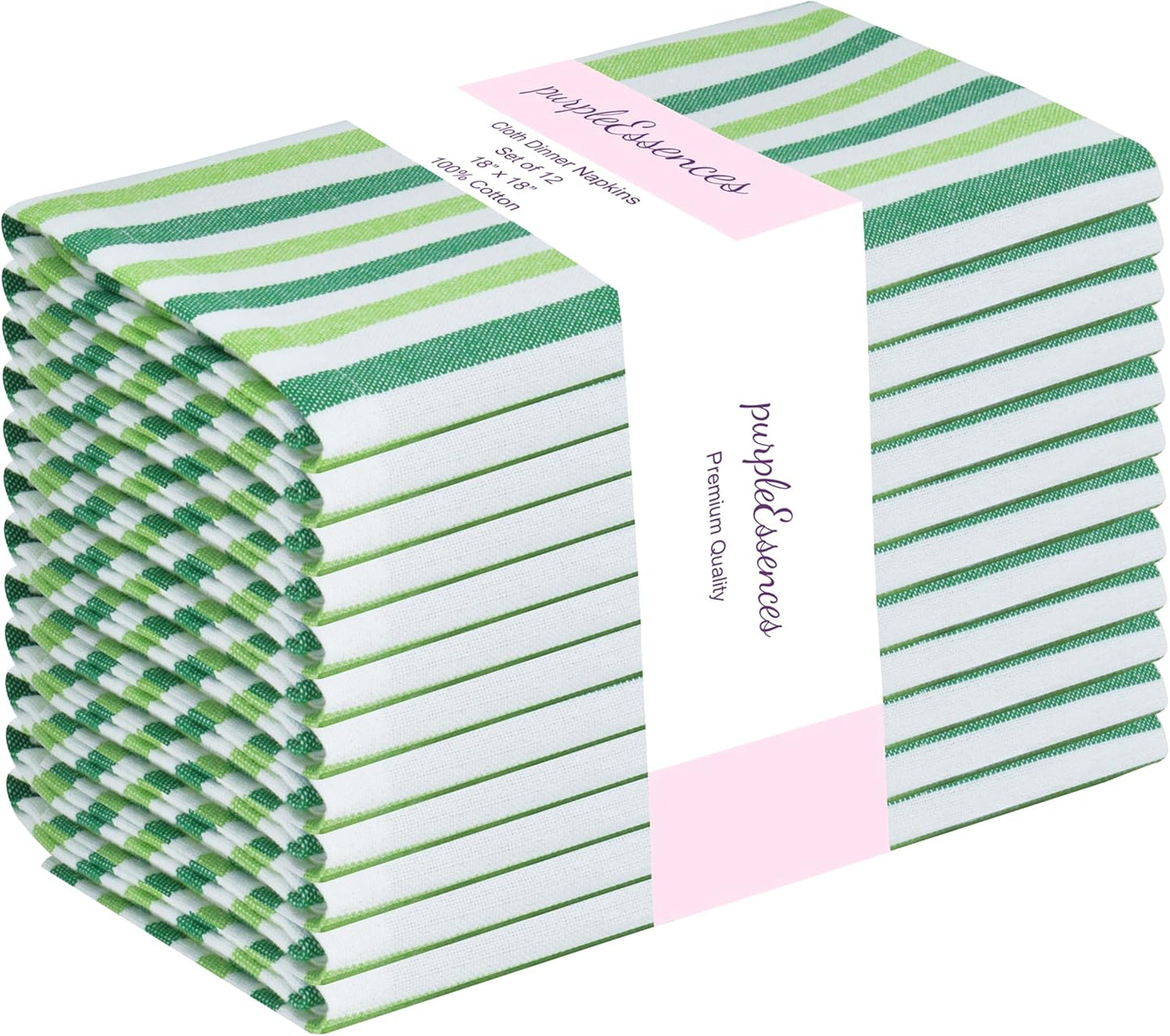 PurpleEssences Plain Striped Cloth Napkins - Set of 12-100% Cotton - 18 x 18 Inch - Fall Thanksgiving - Perfect Everyday Use Dinner Napkin - St Patricks Green