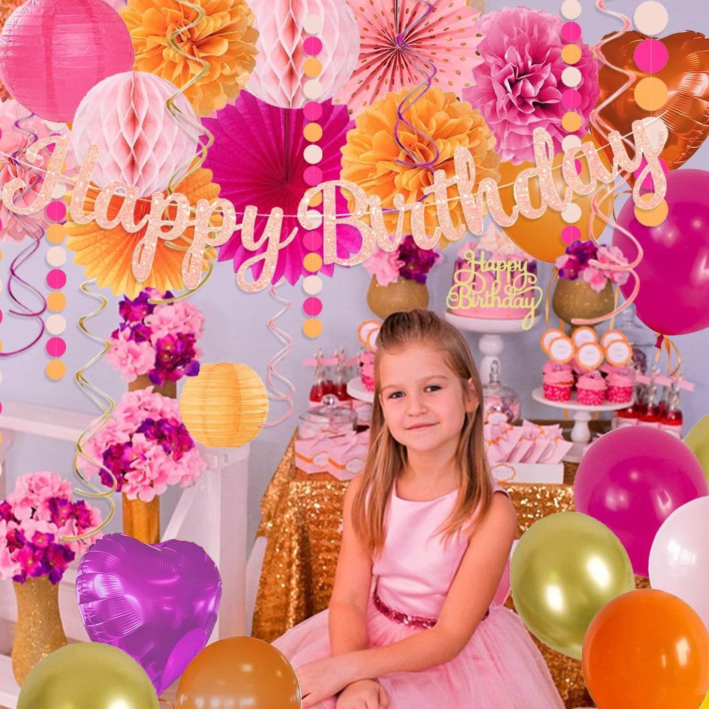 Hot-Pink Orange Birthday Decoration for Women Girl, Fall Peach Burnt-Orange Gold Balloon Décor-Happy Banner, Streamers Lanterns Honeycomb, Tissue Flowers Pom Poms Fan, Boho Sunset Autumn Party Décor