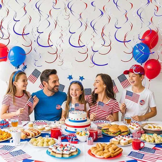 BEISHIDA Red Blue Silver Hanging Swirls Party Decorations Plastic Streamer for 4th of The July Independence Day Patriotic Decorations, Birthday Baseball Party Supplies, Pack of 24
