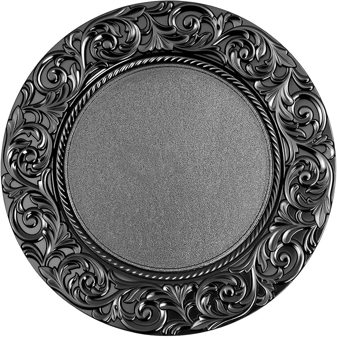 100 Pcs Black Round Charger Plates Bulk, 13 Inch Reusable Antique Charger Plates Set Plastic Embossed Dinner Plate for Table Setting Wedding Party Event Tabletop Setting Decor (Black)