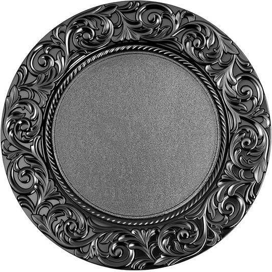 100 Pcs Black Round Charger Plates Bulk, 13 Inch Reusable Antique Charger Plates Set Plastic Embossed Dinner Plate for Table Setting Wedding Party Event Tabletop Setting Decor (Black)