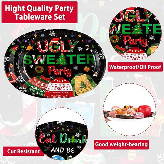 Grencian 50Pcs Ugly Sweater Oval Paper Plates 10" x 12" Large Disposable Heavy Duty Eat Drink And Be Ugly Paper Platters Tacky Sweater Dessert Plates for Winter New Year Holiday Dinner Party Supplies