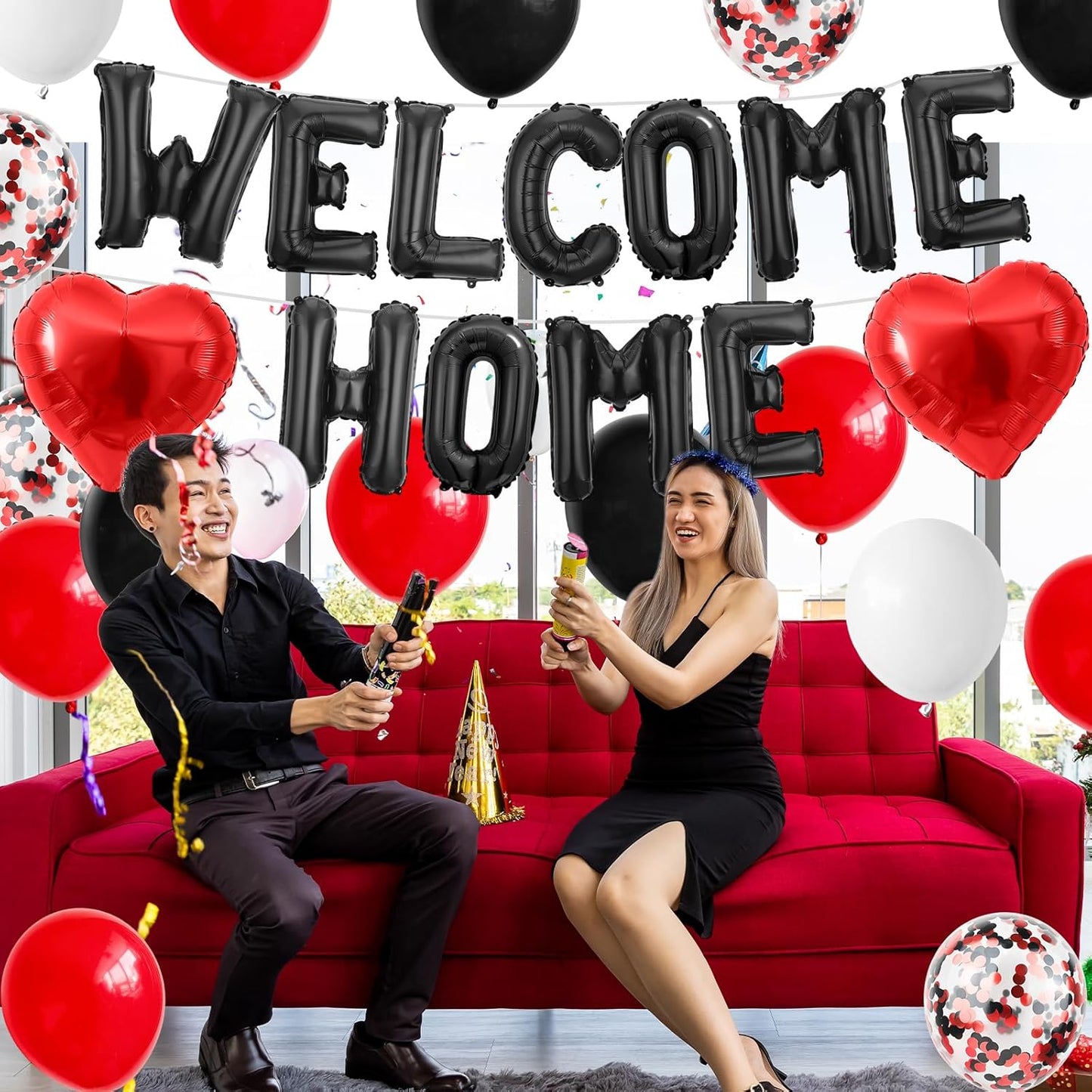Welcome Home Decorations Black Red,Welcome Home Foil Balloon Banner with Confetti Balloons,Red Heart Balloons for Housewarming Baby Shower Home Family Party Supplies