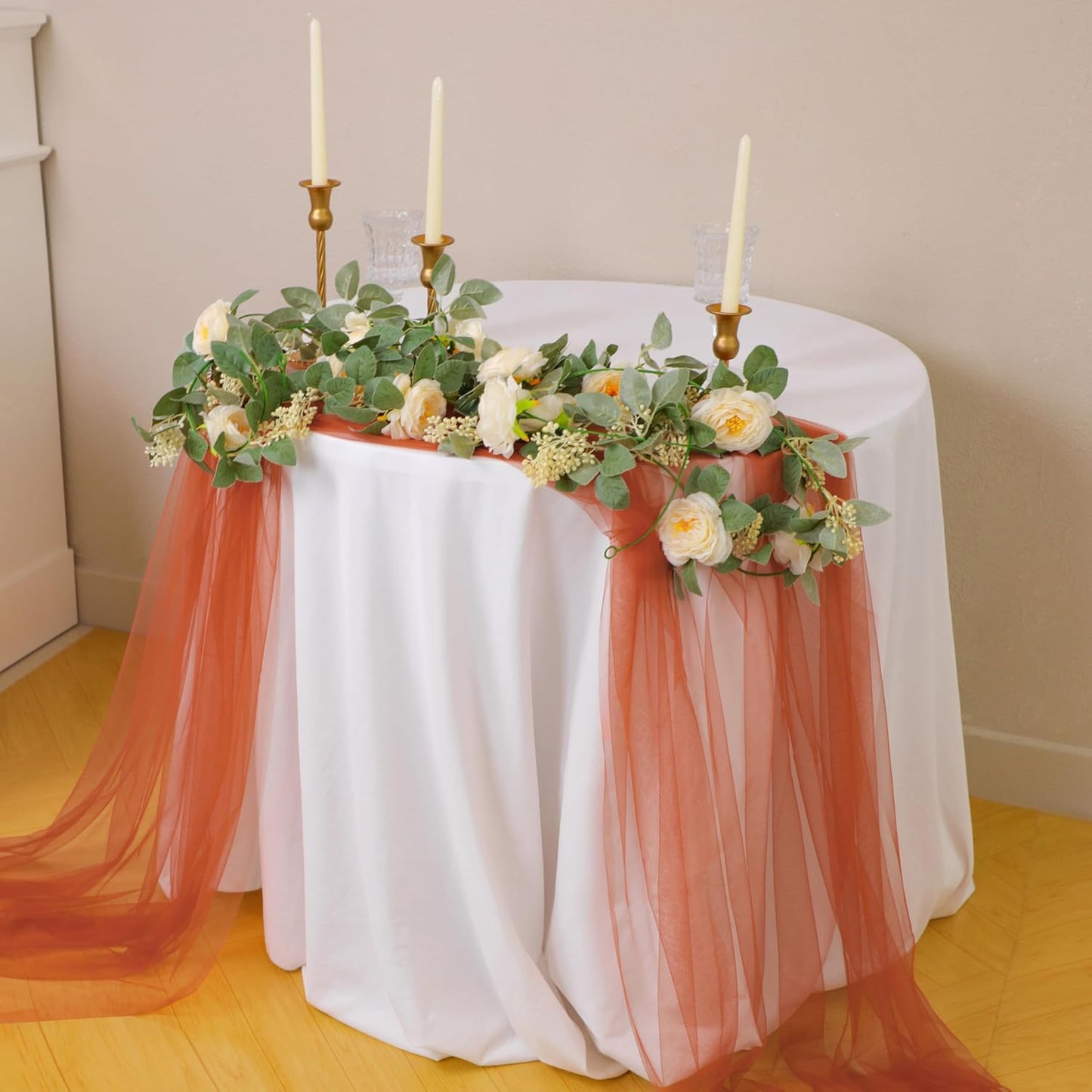 Snowkingdom Terracotta Table Runner, 10 FT Sheer Tulle Rust Cheesecloth Gauze Runner 120 Inch, Boho Fall Table Centerpieces Decoration for Thanksgiving Wedding Baby Bridal Shower Party