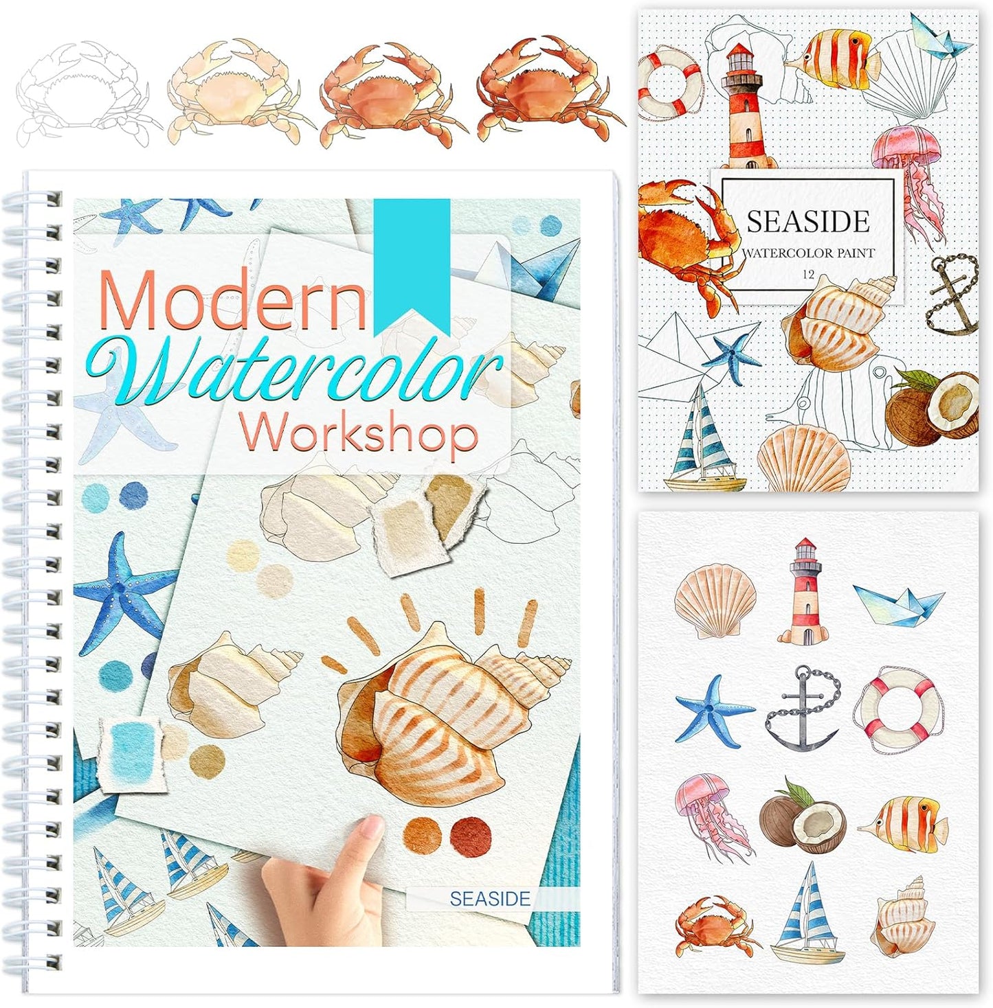 Watercolor Workbooks with Step by Step for Adults Teens - Beginner Watercolor Workbook with 12 Coloring Book Pages -100% Cotton 300gsm/140lb Watercolor Paper(Seaside)