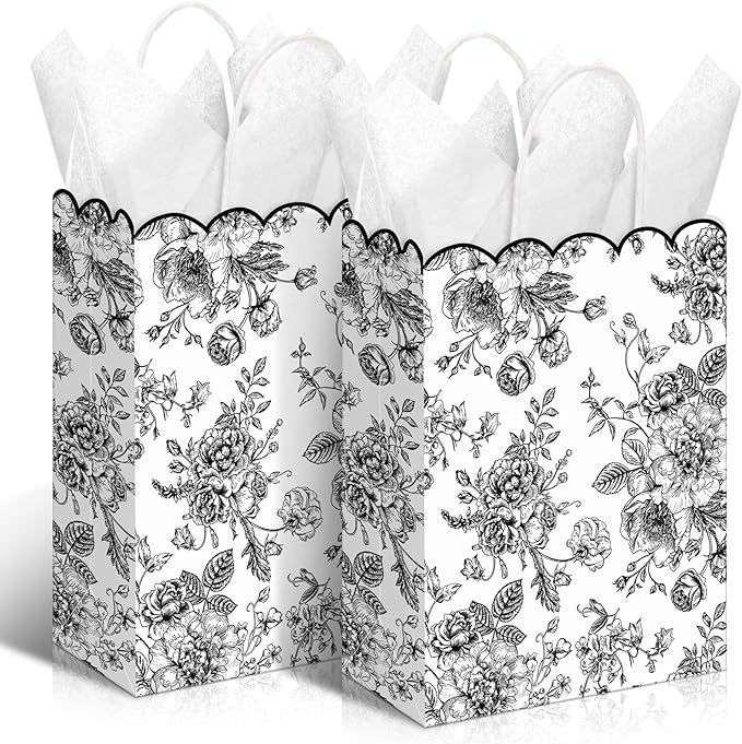 Kolldenn 24 Pcs Black Floral Gift Bags with Handles Wildflower Party Favor Candy Treat Goodie Bags Scalloped for Birthday Decoration for Bridal Baby Shower Party Supplies