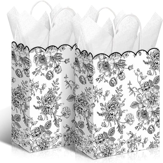 Kolldenn 24 Pcs Black Floral Gift Bags with Handles Wildflower Party Favor Candy Treat Goodie Bags Scalloped for Birthday Decoration for Bridal Baby Shower Party Supplies