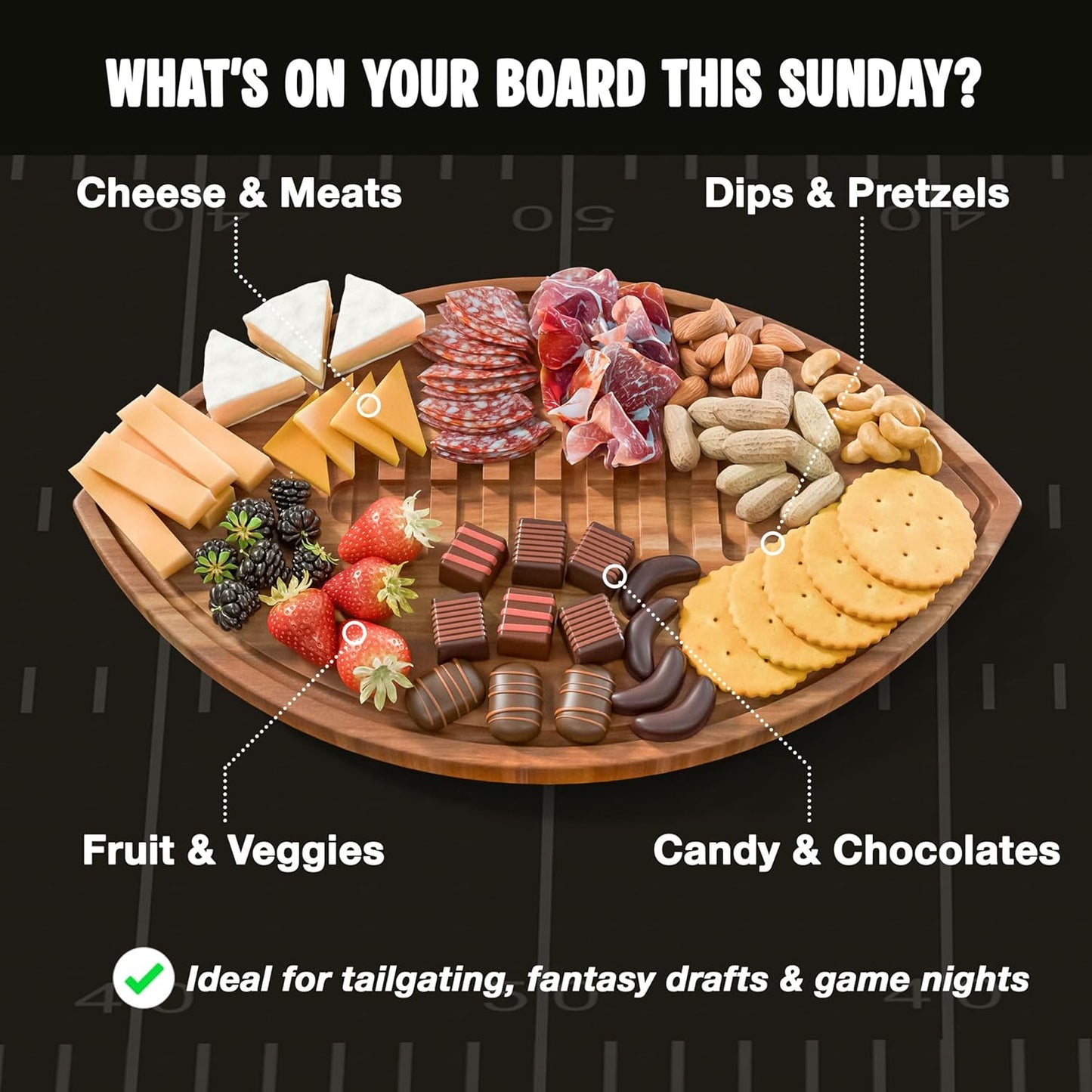 New – Football Shaped Cutting Board – Acacia Wood Charcuterie Tray – Wooden Football Serving Platter for Super Bowl Parties, Tailgate Hosting & Gifts